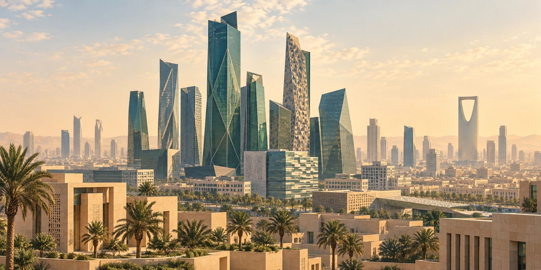 Illustrated glass towers and palms inspired by Riyadh’s financial district